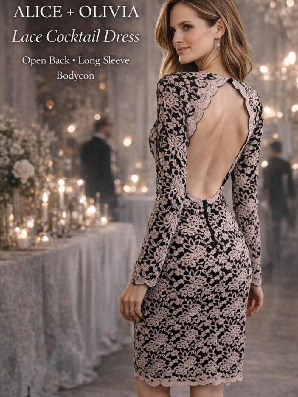Alice + Olivia Lace Cocktail Dress Open Back Long Sleeve Spring Wedding Guest